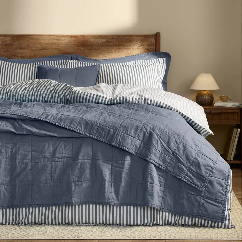 Hebden Quilted Washed Cotton Bedspread Denim Blue 1
