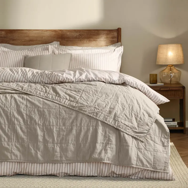 Hebden Quilted Washed Cotton Bedspread Stone 1