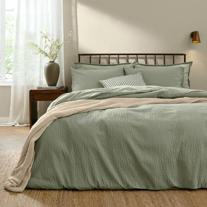 Hebden Relaxed Seersucker Duvet Cover Set Bay Green 1