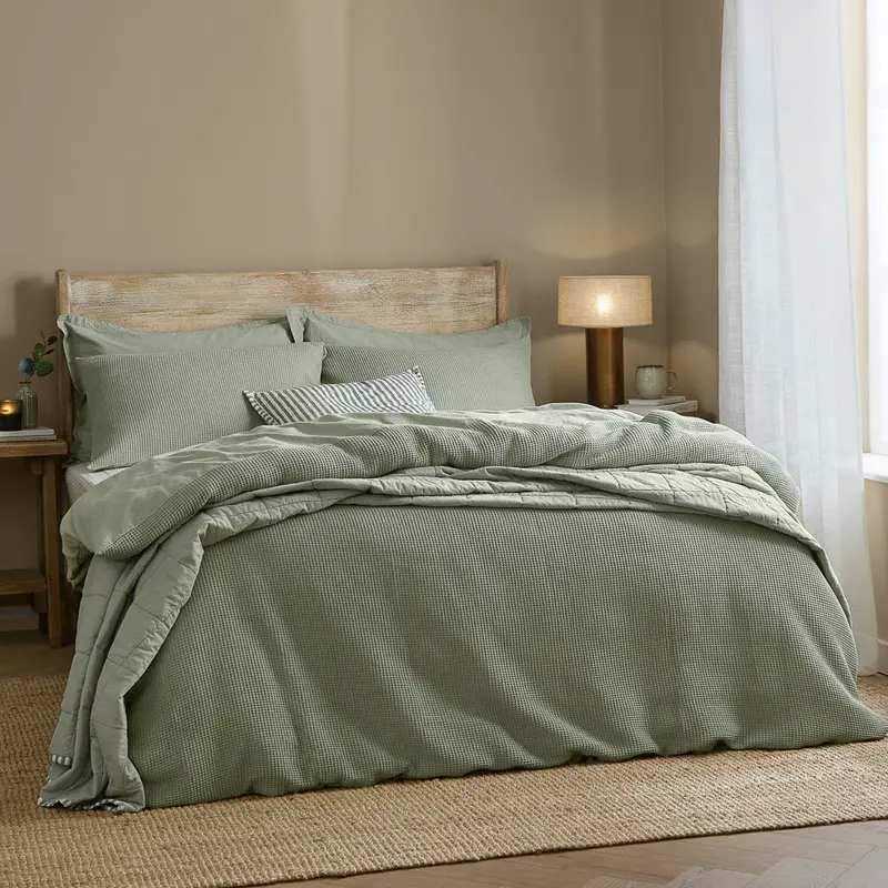 Hebden Relaxed Waffle Duvet Cover Set Bay Green 1