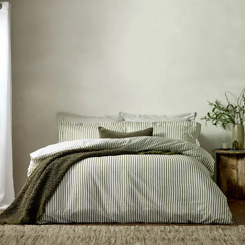 Hebden Stripe 100% Cotton Duvet Cover Set Olive 1