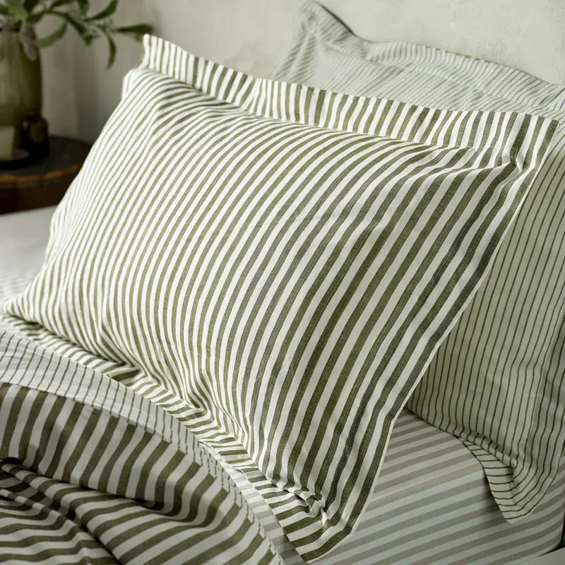 Hebden Stripe 100% Cotton Pillowcase Pair Olive 1