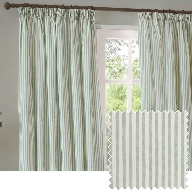 Hebden Striped 100% Cotton Lined Pencil Pleat Curtains Eucalyptus 1
