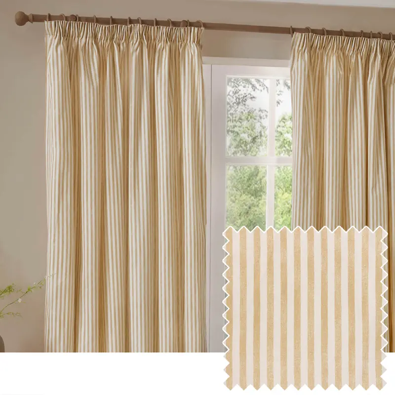Hebden Striped 100% Cotton Lined Pencil Pleat Curtains Honey Yellow 1