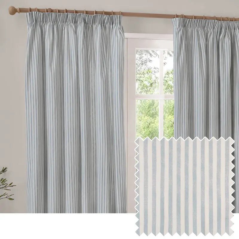 Hebden Striped 100% Cotton Lined Pencil Pleat Curtains Mineral Blue 1