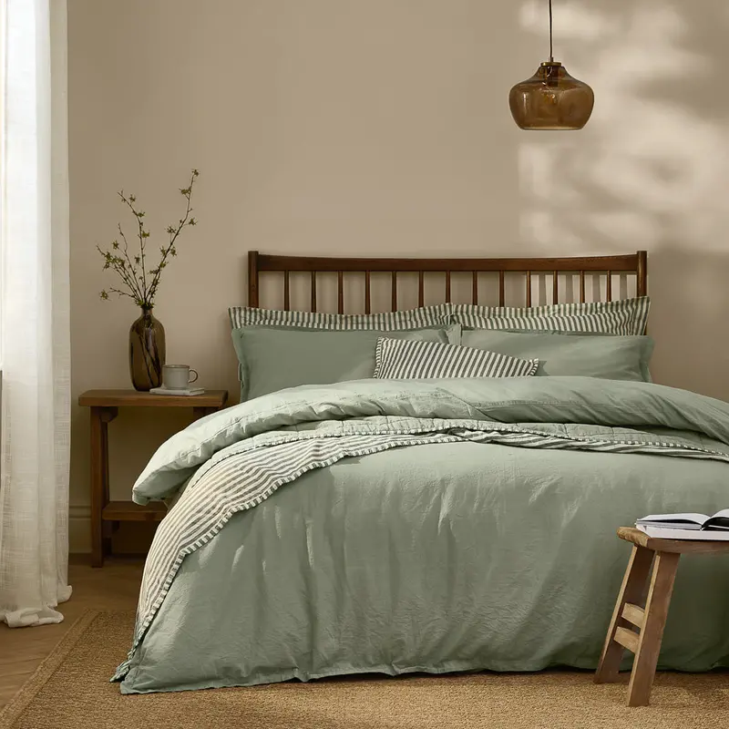 Hebden Washed Cotton Duvet Cover Set Bay Green 1