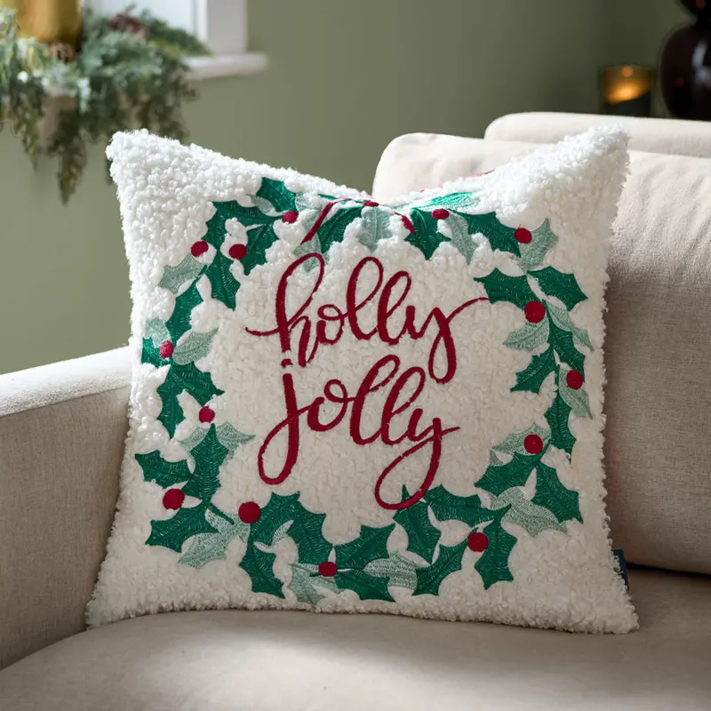 Holly Wreath Embroidered Cushion Multicolour 1