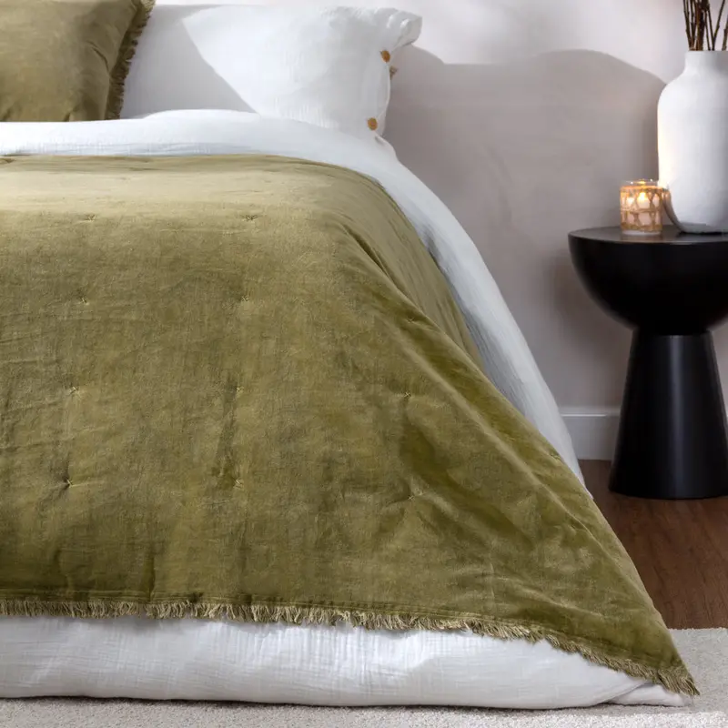Jaye Cotton Velvet Filled Bedspread Moss 1