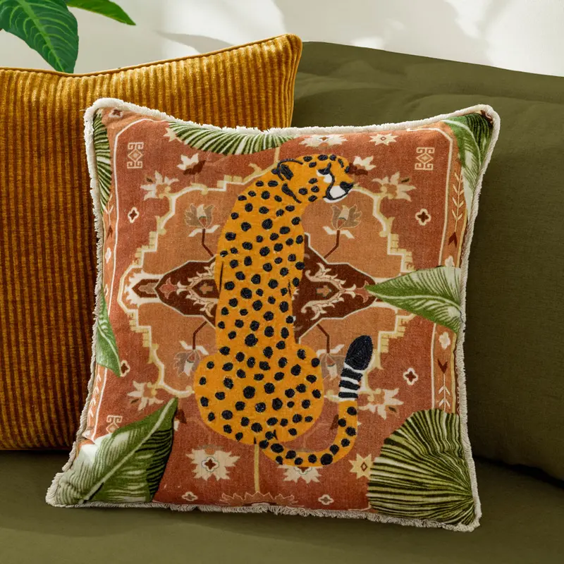 Kilim Cheetah Printed Velvet Cushion Terracotta 1