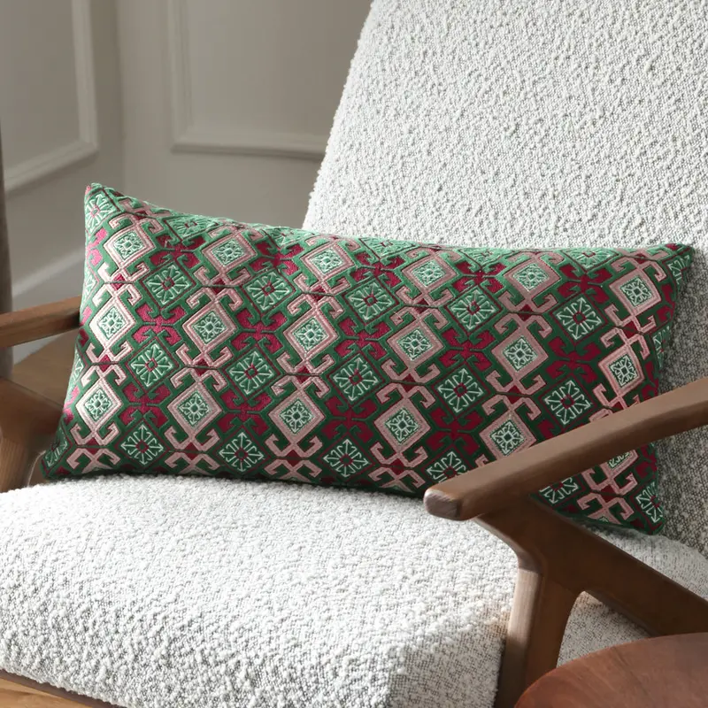 Laurel Embroidered Velvet Cushion Cerise/Jade 1