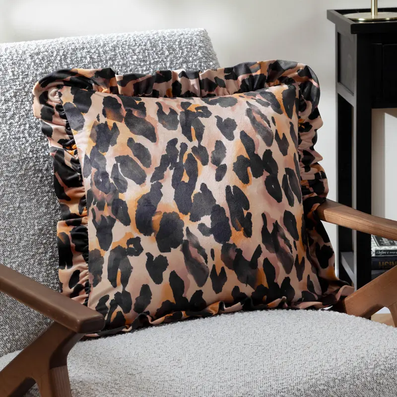 Leopard Printed Velvet Ruffle Cushion Multi 1