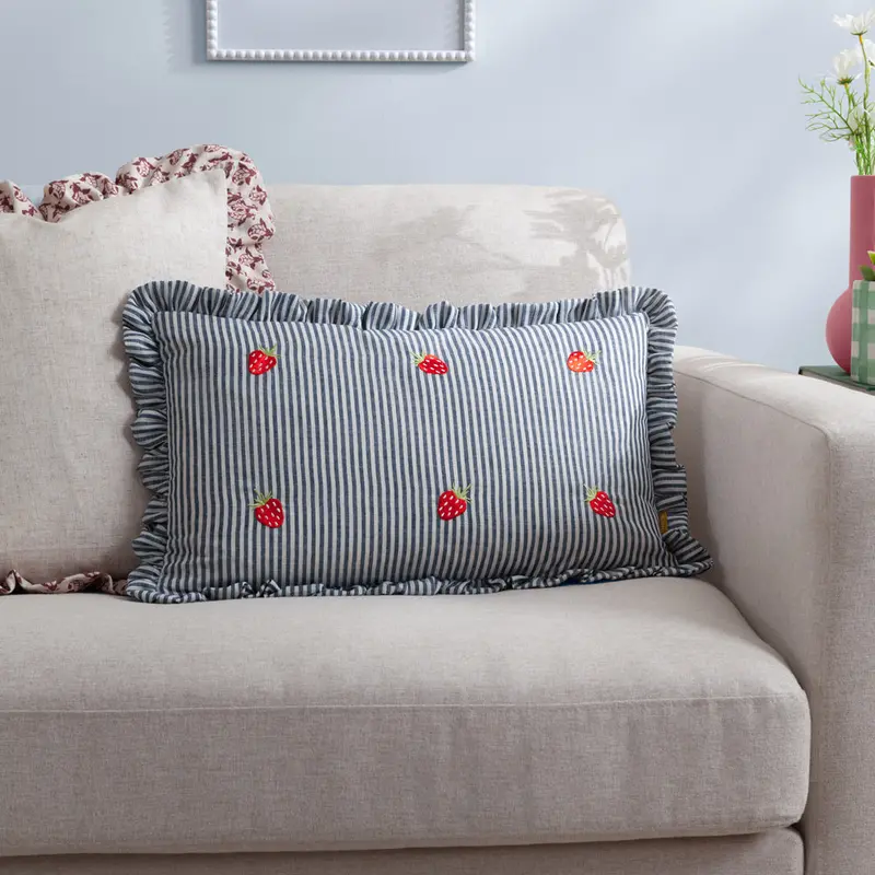 Les Fruites Embroidered Ruffle Cushion Strawberries 1