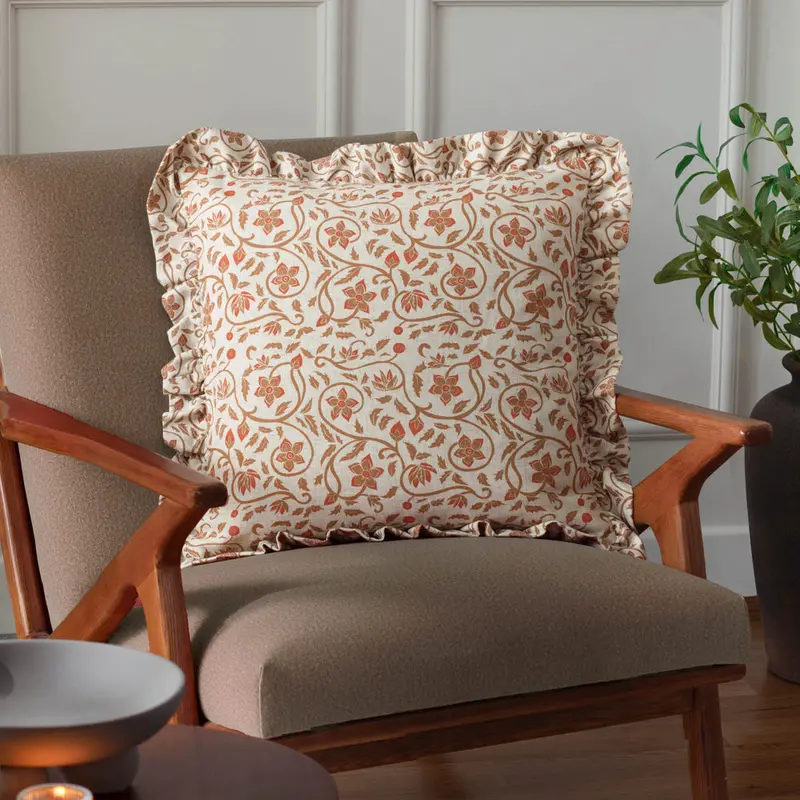 Linen Filigree Printed Ruffle Cushion Linen/Ochre 1