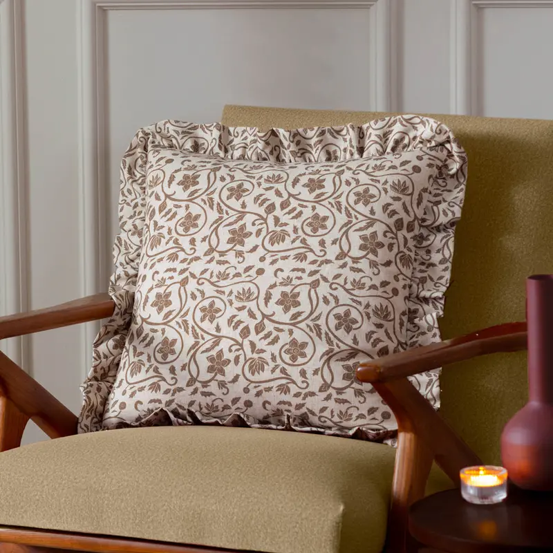 Linen Filigree Printed Ruffle Cushion Linen/Olive 1