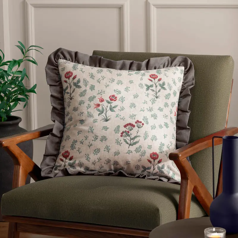 Linen Renata Floral Printed Ruffle Cushion Multicolour 1