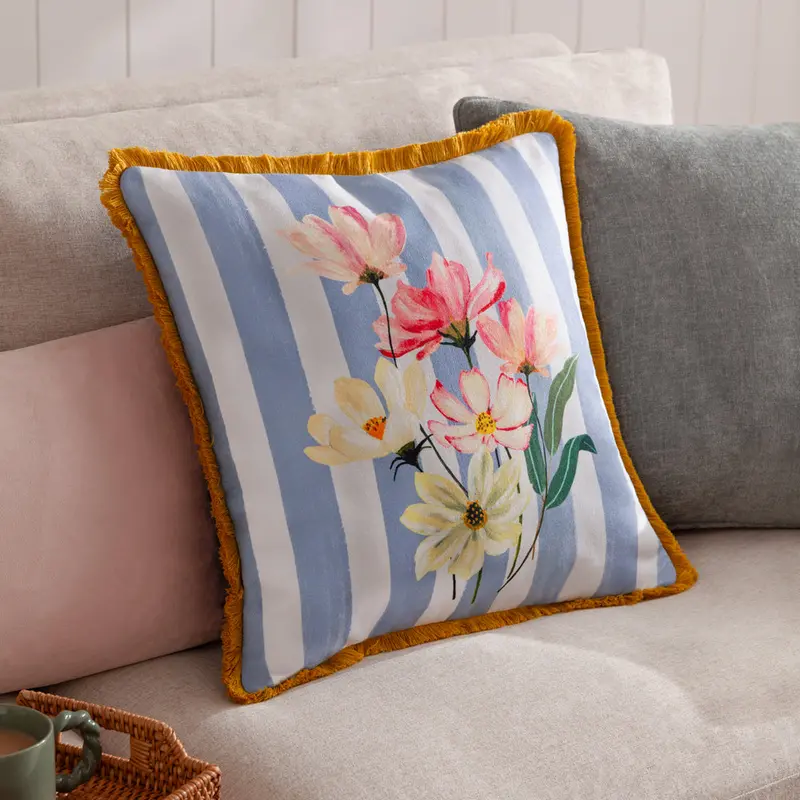 Marais Cosmos Printed Chenille Cushion Blue/Yellow 1