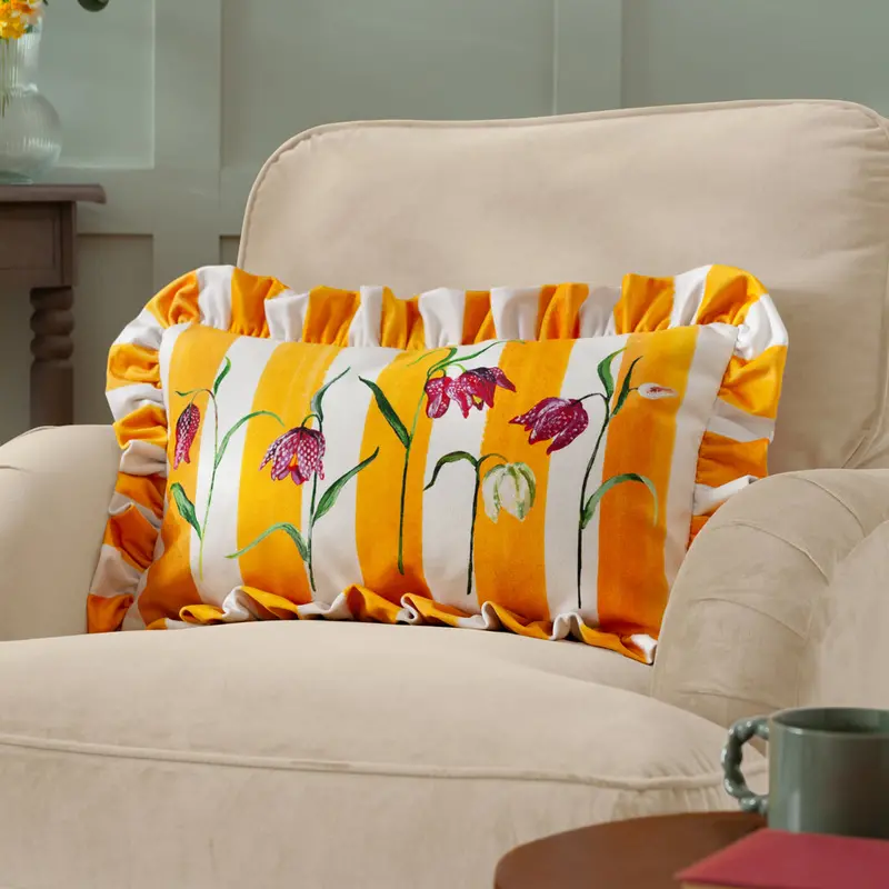 Marais Fritillaries Printed Chenille Cushion Yellow 1