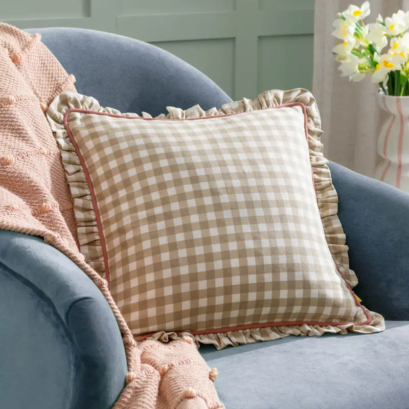 Maude Gingham Reversible Piped Cushion Natural 1