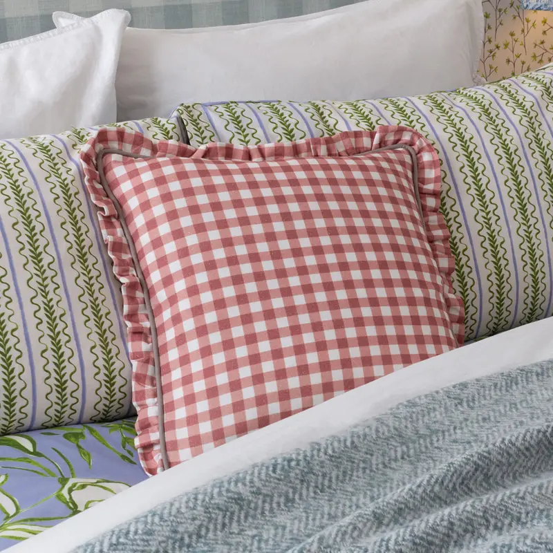Maude Gingham Reversible Piped Cushion Rose 1