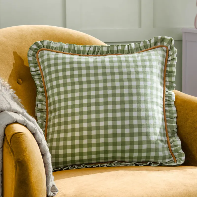 Maude Gingham Reversible Piped Cushion Sage 1