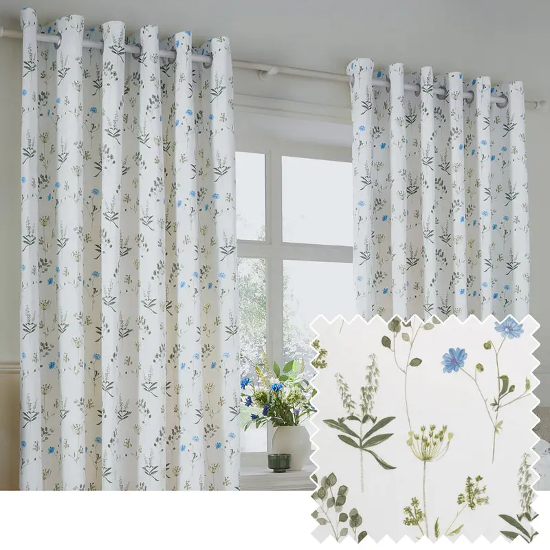 Meadow Floral 100% Cotton Lined Eyelet Curtains White/Cornflower 1