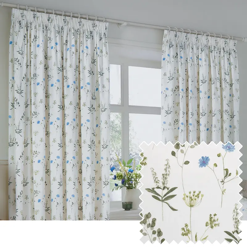 Meadow Floral 100% Cotton Lined Pencil Pleat Curtains White/Cornflower 1