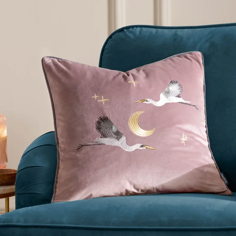 Moonlit Flight Embroidered Velvet Cushion Dusty Pink 1