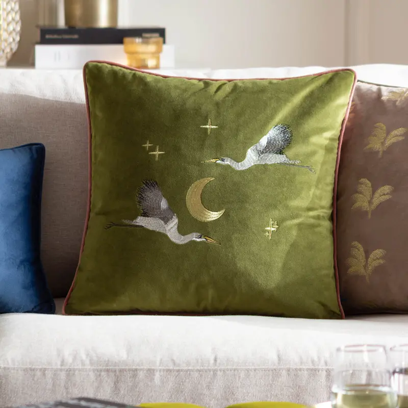 Moonlit Flight Embroidered Velvet Cushion Olive 1