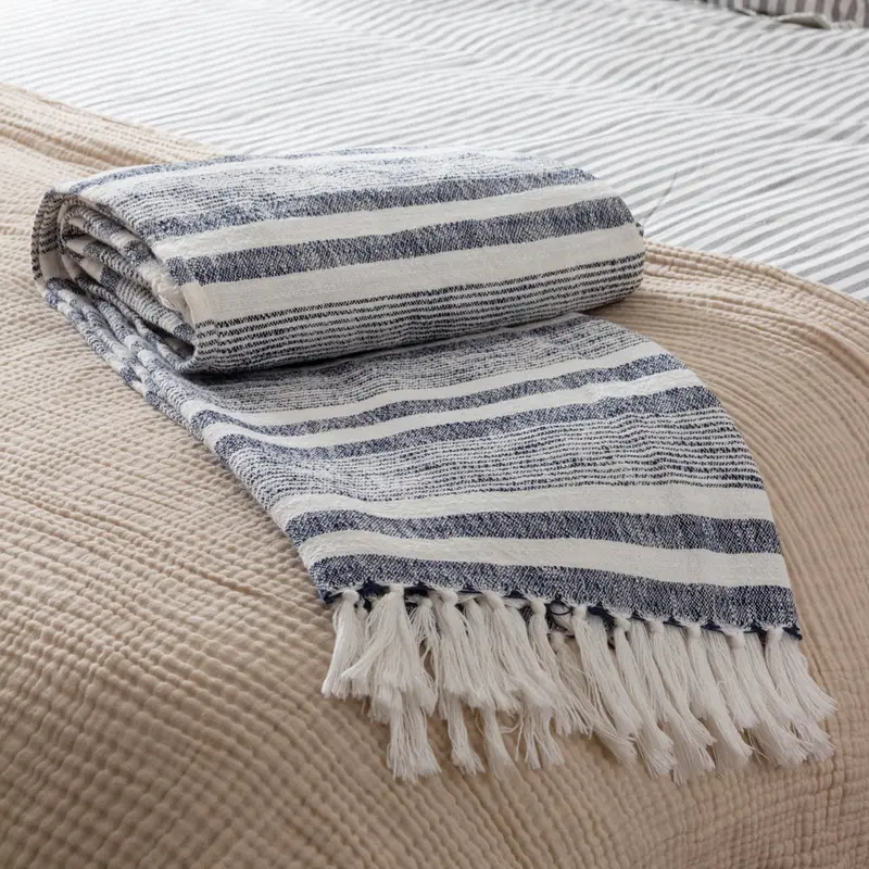 Neela Stripe Fringed Throws Natural/Navy 1