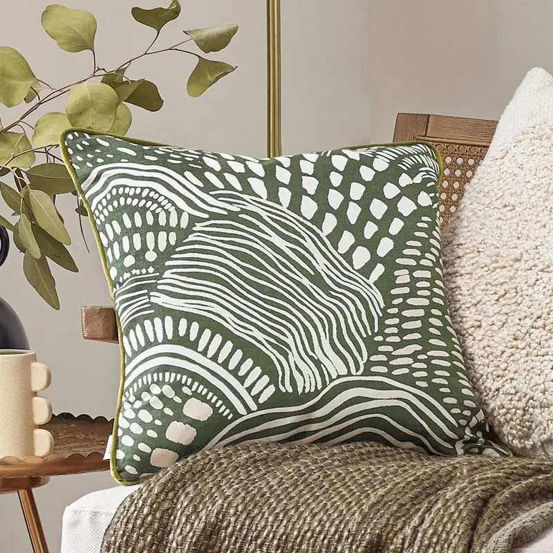 Nola Abstract Piped Cushion Olive 1