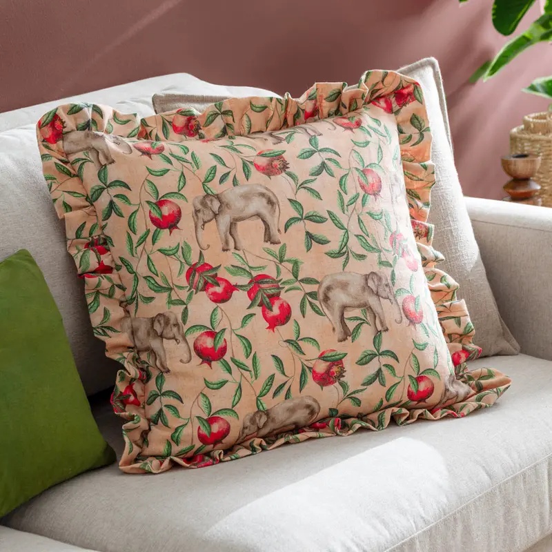 Okara Elephant Printed Ruffle Cushion Peach/Linen 1