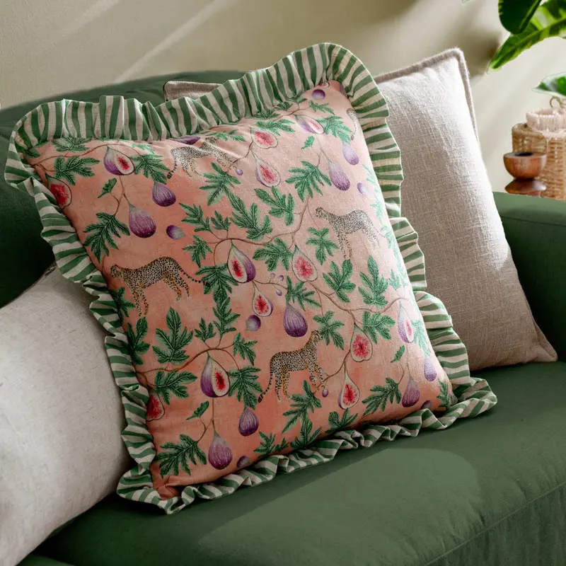 Okara Leopard And Fig Printed Ruffle Cushion Peach/Green 1