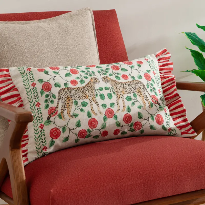 Okara Leopards Printed Ruffle Cushion Linen/Red 1