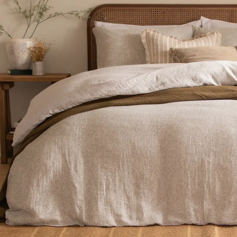 Perrie Leaf Muslin 100% Cotton Duvet Cover Set Natural 1