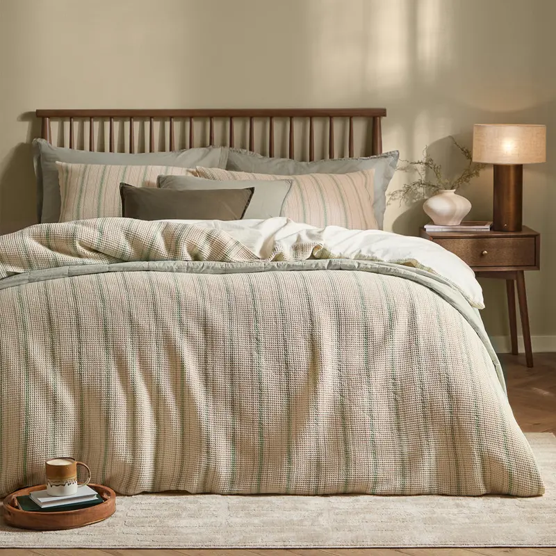 Selby Waffle 100% Cotton Duvet Cover Set Bay Green/Natural 1
