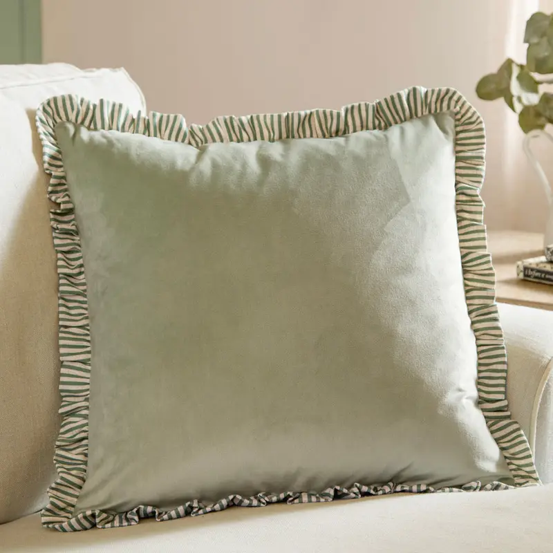 Solene Ruffle Matte Velvet Cushion Sage 1