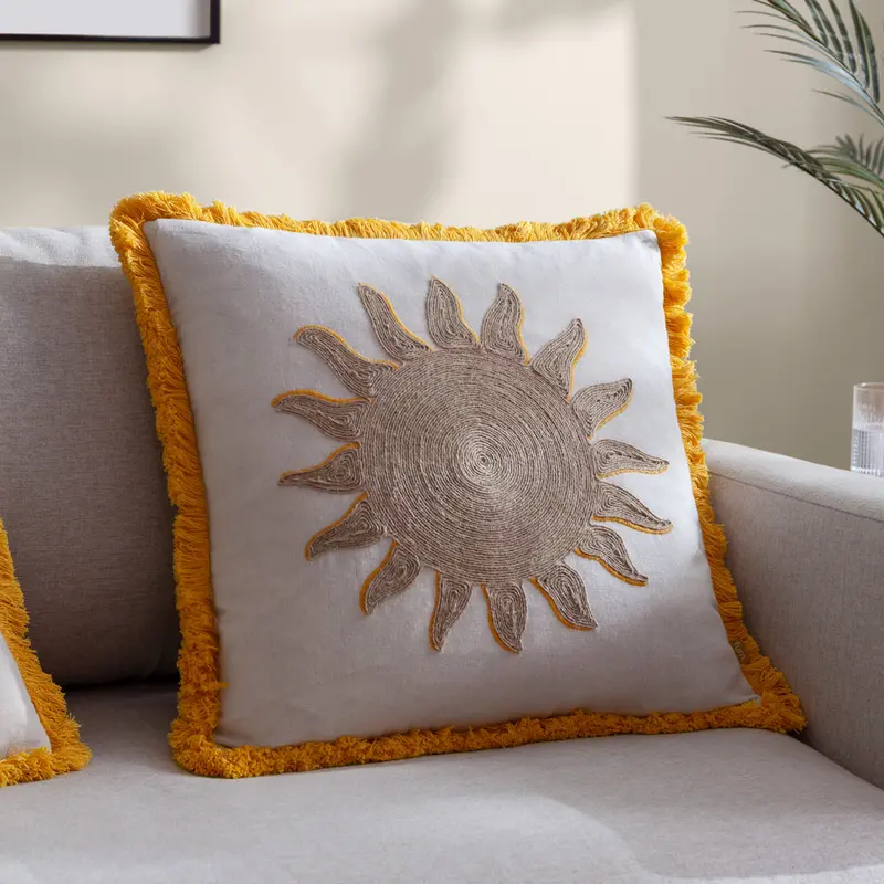 Sun Embroidered Cushion Yellow 1