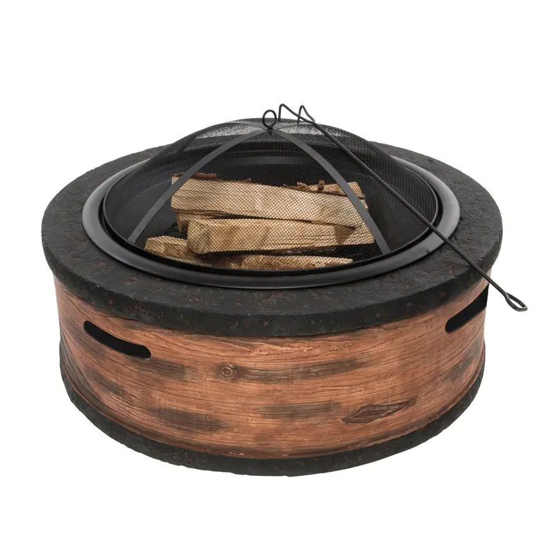 Sun Joe Sjfp35-Rw-Stn 35-Inch Cast Stone Base, Wood Burning Fire Pit W/Dome Screen And Poker, Rustic Wood 1