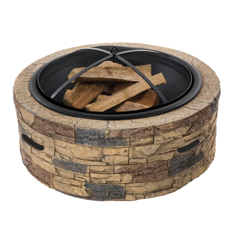 Sun Joe Sjfp35-Stn 35-In. Cast Stone Base, Wood Burning Fire Pit W/ Dome Screen And Poker, Natural Stone 1