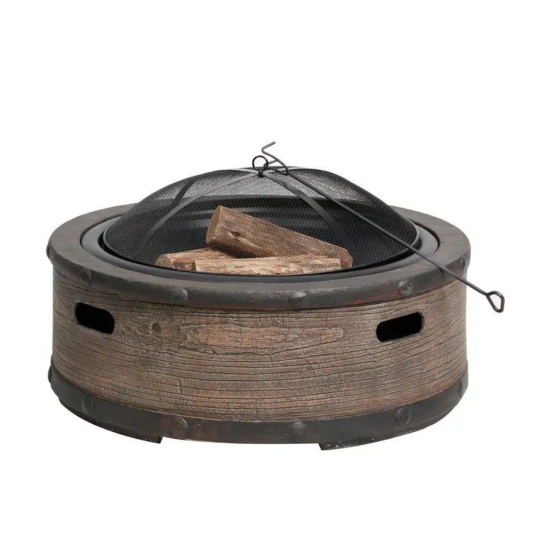 Sun Joe Sjfp35-Stn-Brl 35-In. Cast Stone Base, Wood Burning Fire Pit W/Dome Screen And Poker, Rustic Barrel 1