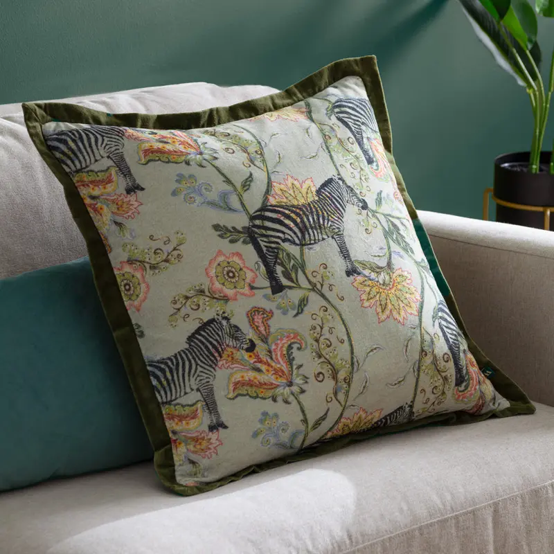 Sundara Printed Velvet Cushion Ecru/Green 1