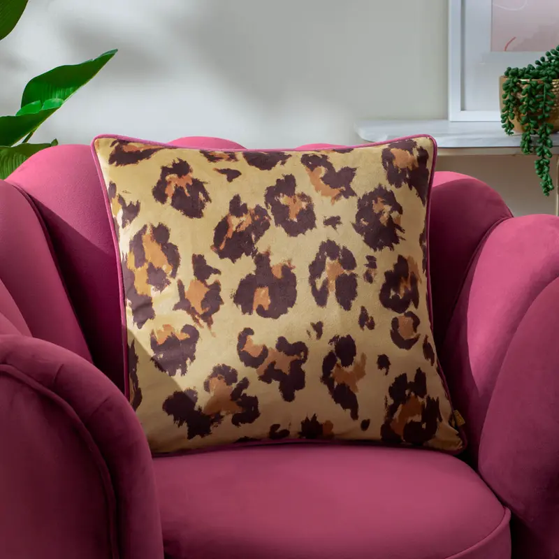 True Leopard Piped Velvet Cushion Multi 1