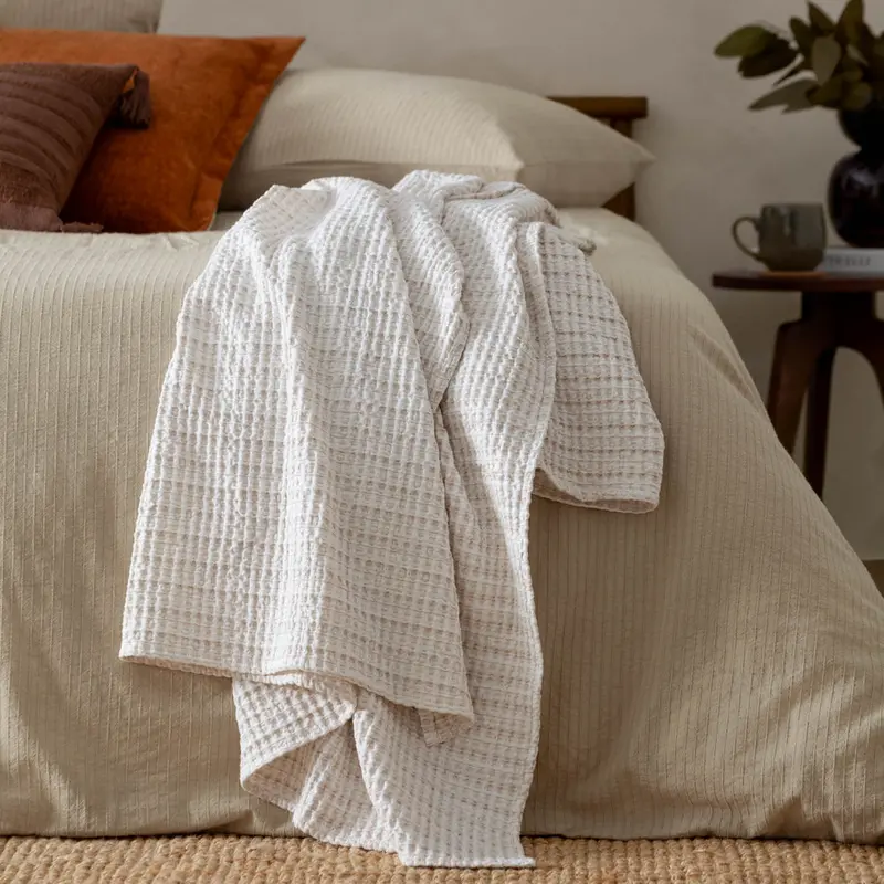 Waffle Textured 100% Cotton Bedspread Natural 1