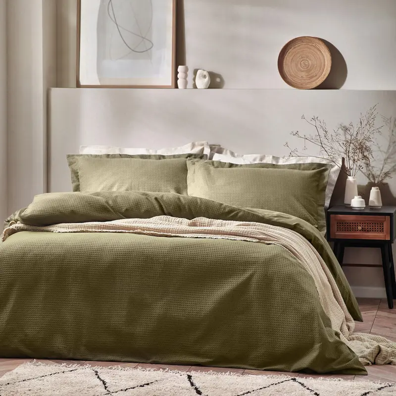 Waffle Textured 100% Cotton Duvet Cover Set Olive 1