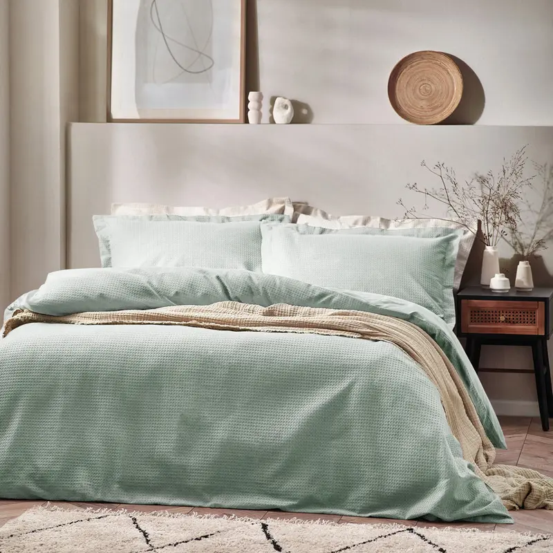 Waffle Textured 100% Cotton Duvet Cover Set Seafoam 1