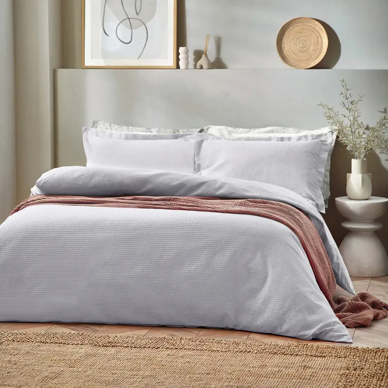 Waffle Textured 100% Cotton Duvet Cover Set Silver 1