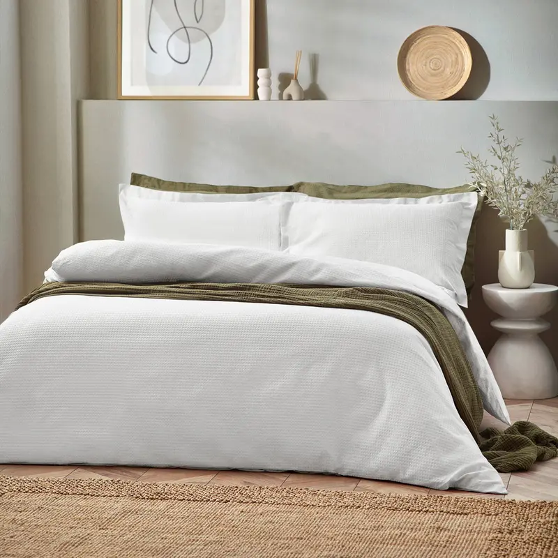 Waffle Textured 100% Cotton Duvet Cover Set White 1