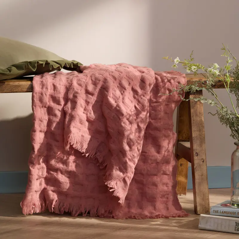 Walton Waffle Fringed Throw Rose 1