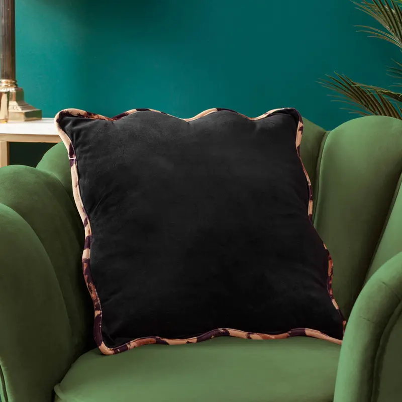 Wiggle Leopard Piped Velvet Cushion Black 1