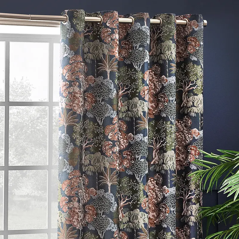 Woodlands Fully Lined Floral Jacquard Eyelet Curtains Navy 1